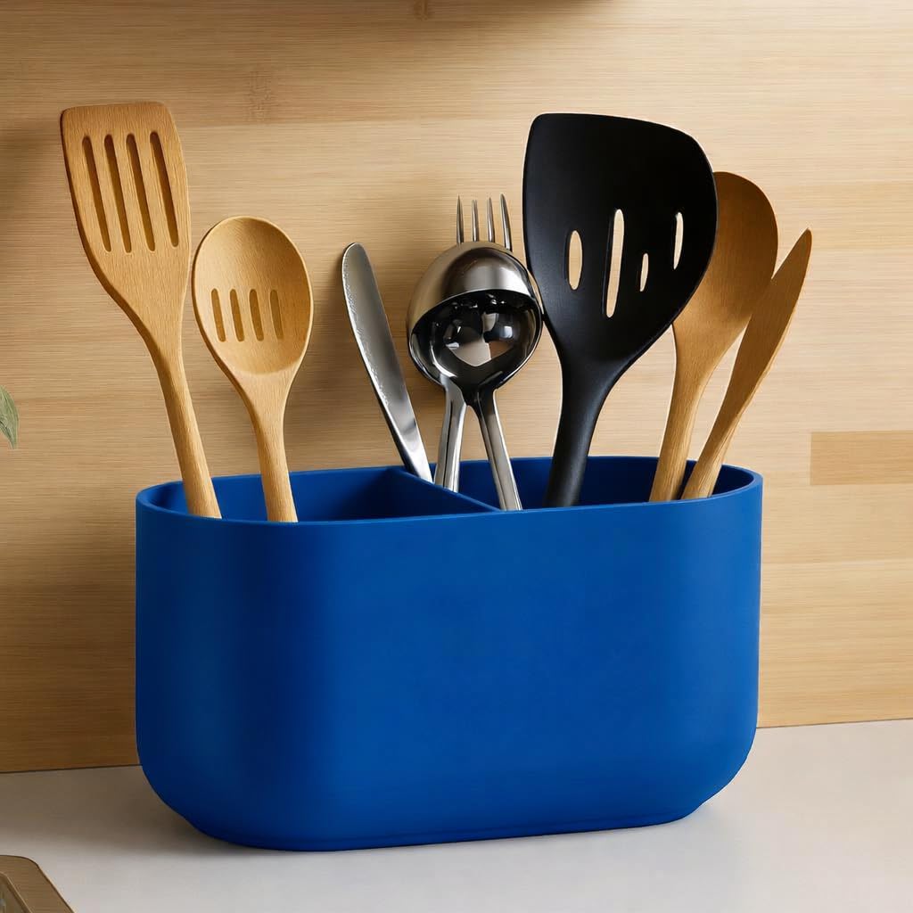 Modern Kitchen Utensil Holder with Two Compartments (Matt Marine Blue)