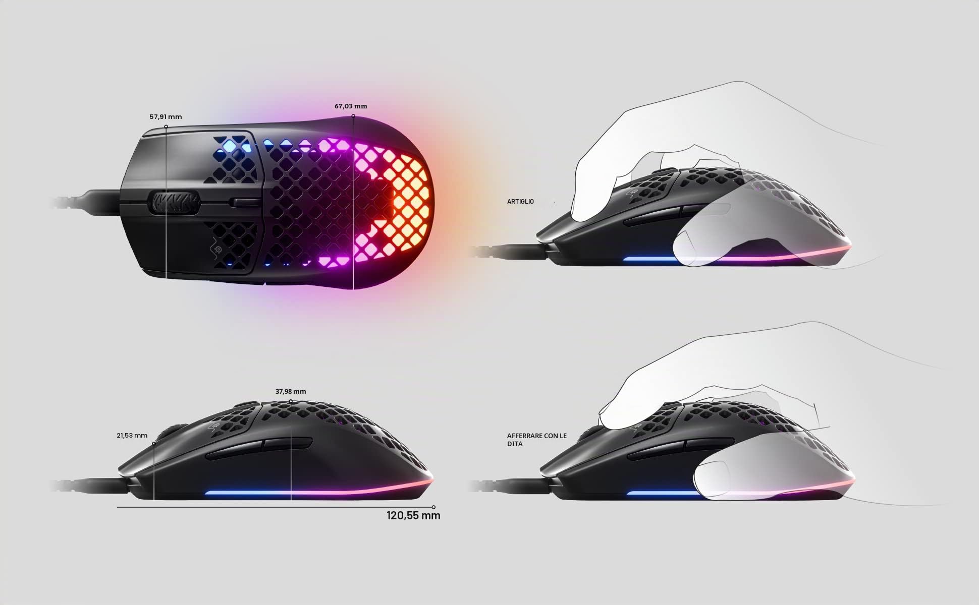 SteelSeries Aerox 3 - Mouse da gioco RGB traforato - Design ultraleggero e resistente all'acqua - Sensore ottico TrueMove Core da 8.500 DPI - Onyx