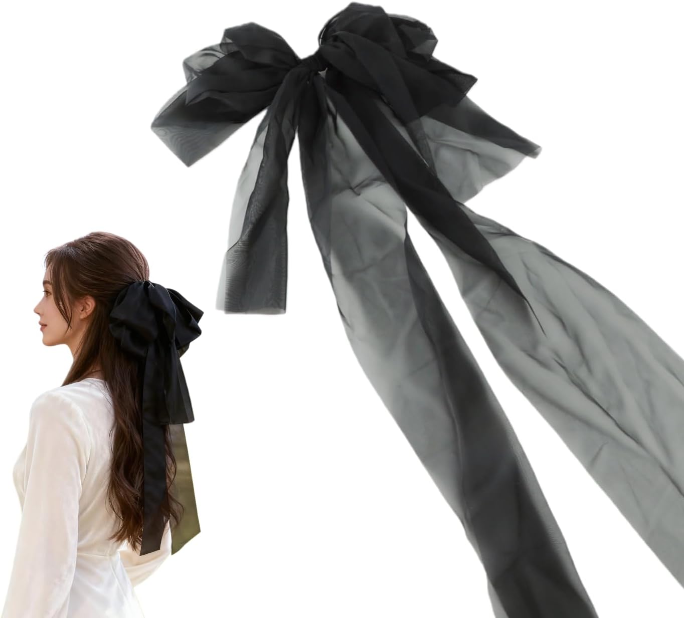 Large Black Bow Hair Clip with Extra Long Tail, Sheer Mesh Bow Hair Accessory for Women, Girls Bowknot Barrette for Daily & Party Styles