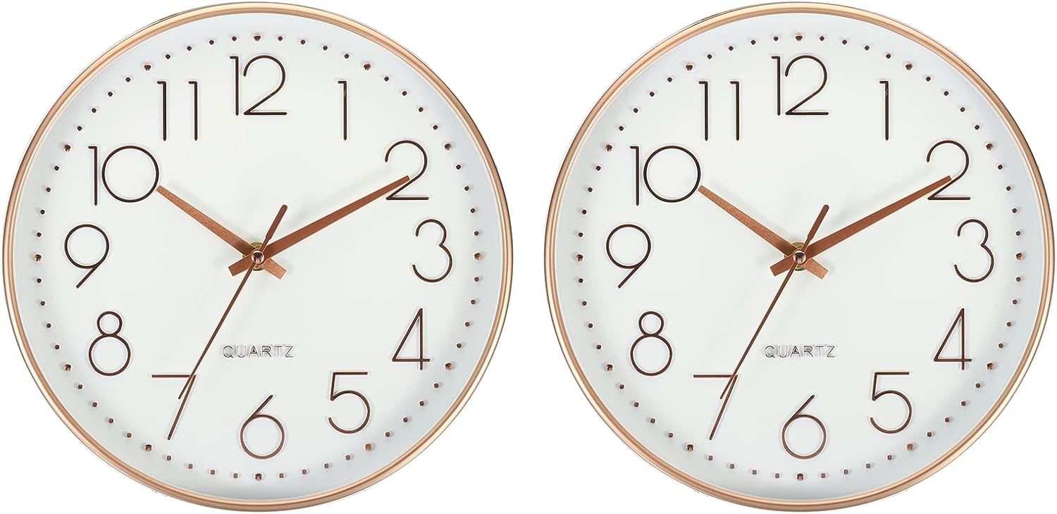 PATIKIL 10 Inch Wall Clock, 2 Pack Battery Operated Silent Non-Ticking Round Wall Clocks for Office Bedroom Decorative, White/Rose Gold