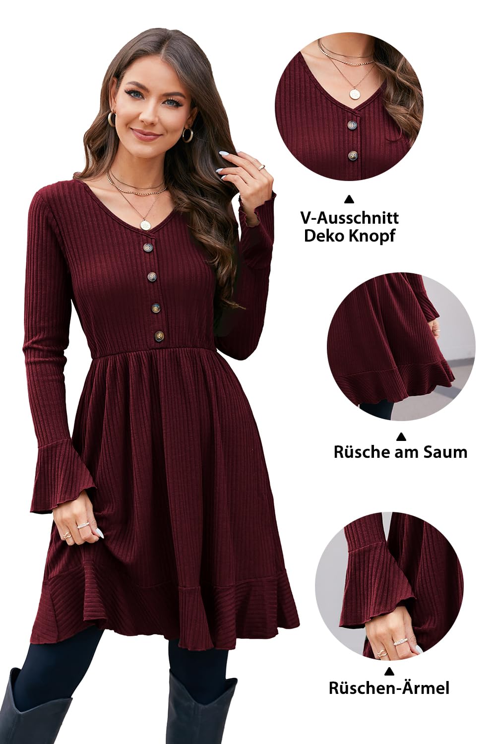ULTRANICE Robe en Maille pour Femme Col en V avec Boutons Décoratifs pour L'automne et l'hiver