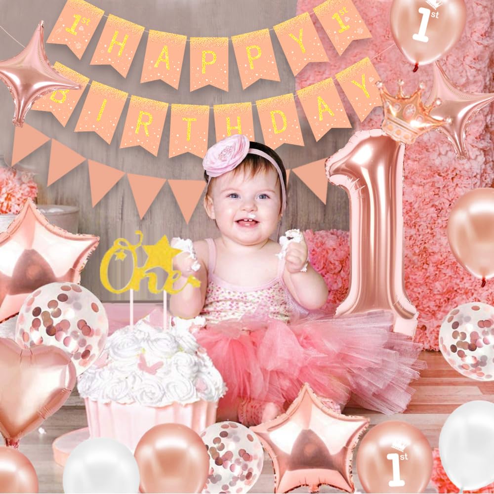 1e verjaardag meisje decoratie - Eerste verjaardag banner roségoud Happy 1 Birthday