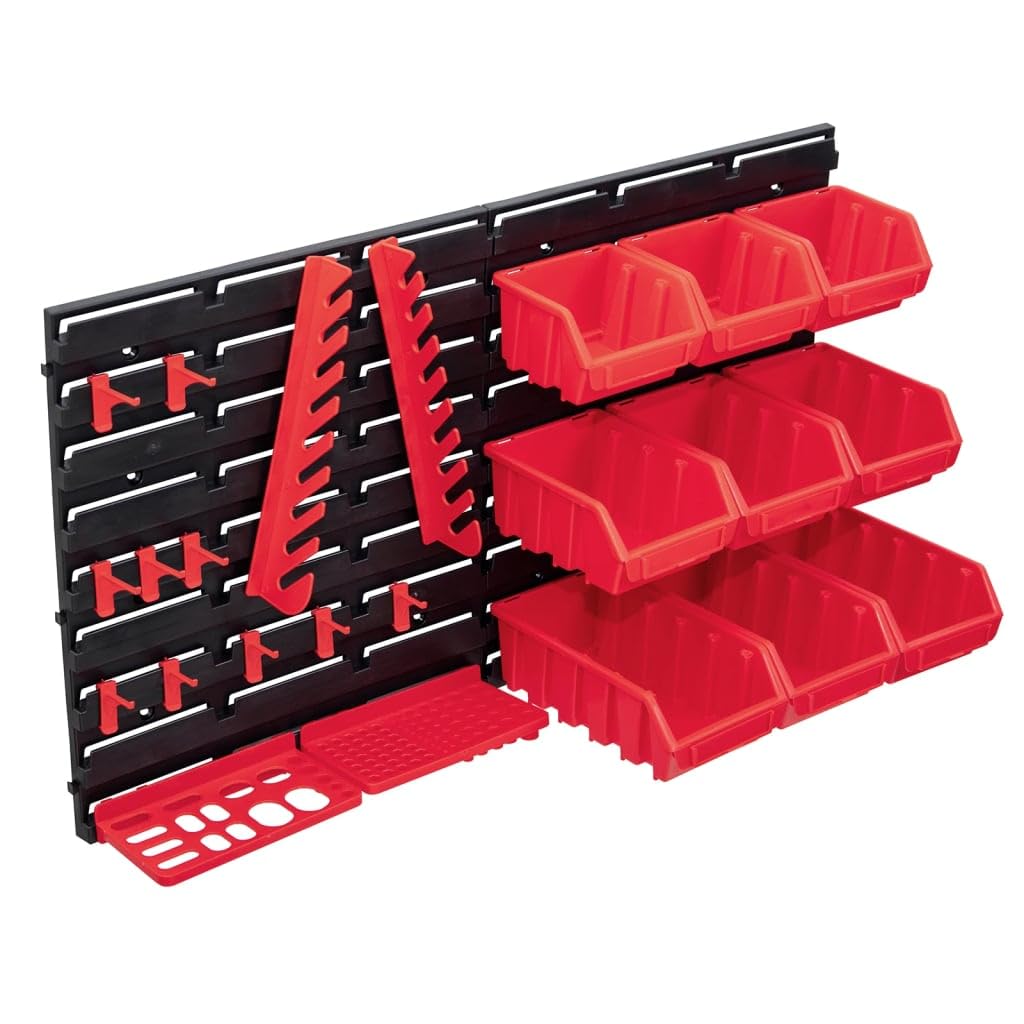 Set di 34 contenitori per piccole parti con pannelli da parete in rosso e nero, scatole portaoggetti in plastica impilabili, 2 pannelli da parete con ganci, accessori per officina, garage