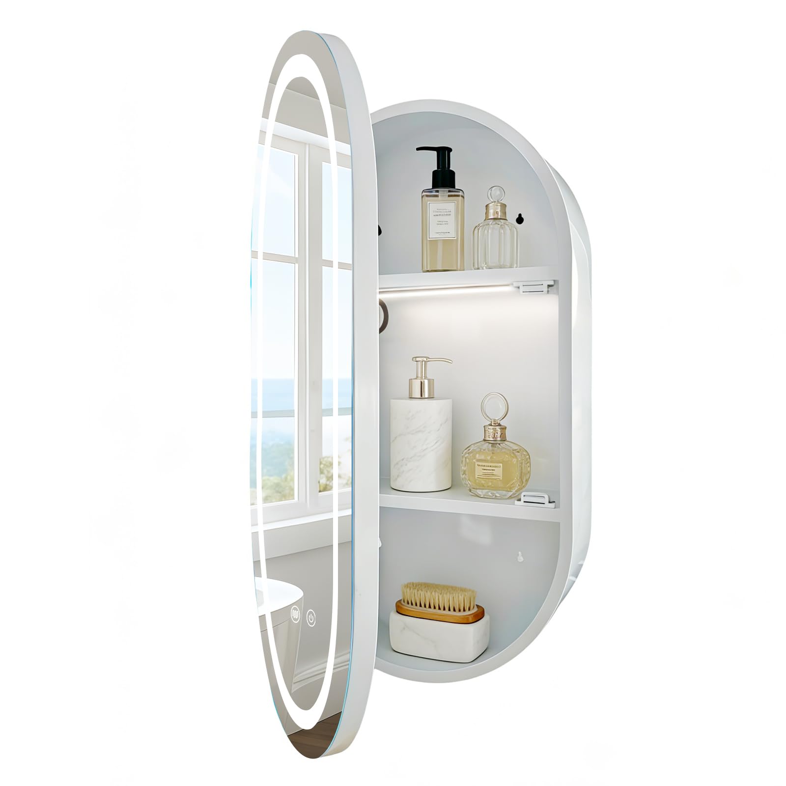 41cm×71cm Oval Spiegelschrank Bad mit Beleuchtung,LED-Spiegelschrank für das Badezimmer,3 Farbtemperaturen & Helligkeit einstellbar,Rasierdose mit USB-Anschluss,Innenbeleuchtung,Weiß