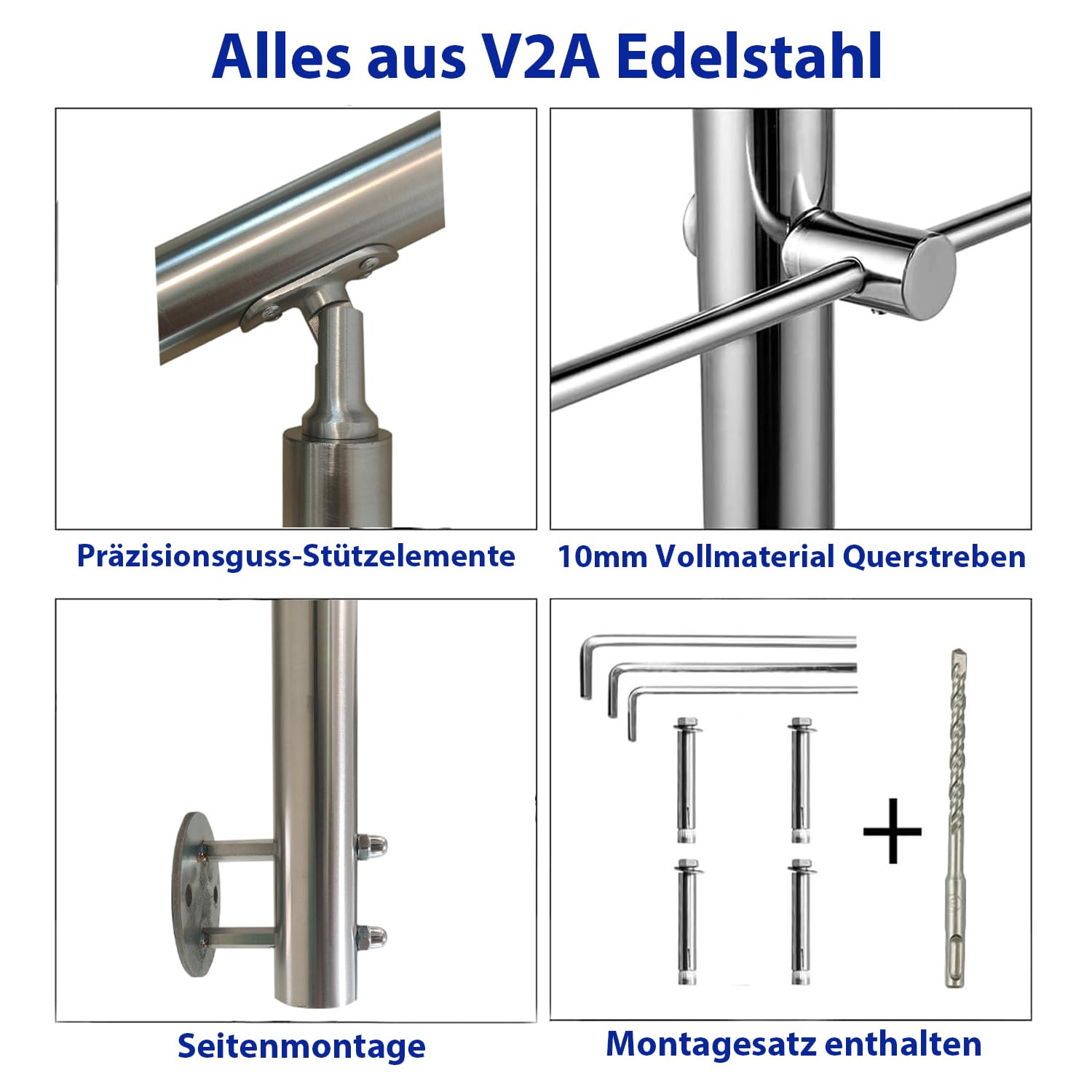 V2A Edelstahl Geländer für Seitliche Montage Treppengeländer 2 Querstreben 100cm Innen Außen Handlauf