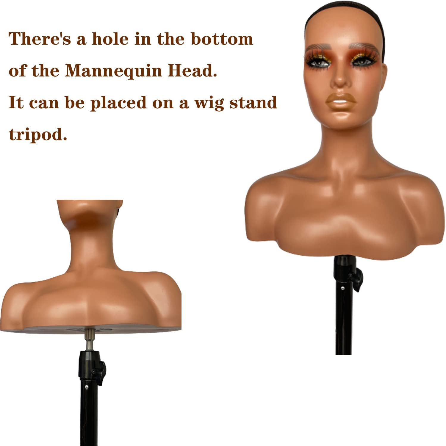Voloria Realistic Female Mannequin Head with Shoulder Manikin PVC Head Bust Wig Head Stand with Makeup for Wigs Necklace Earrings Light Brown with Yellow Eye Shadow