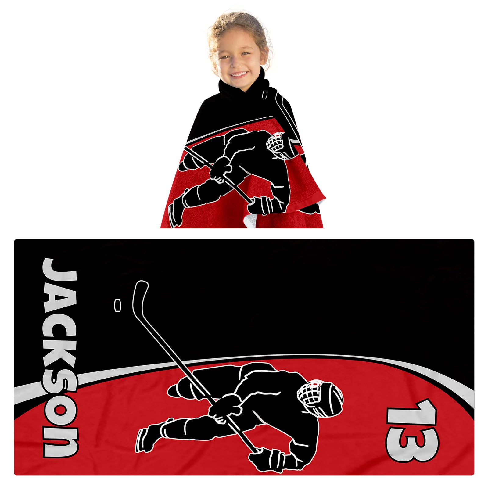 GRESATEK Personalized Microfiber Pool Beach Towel: Custom Name Red Hockey Towels for Baby Kids Adults - Quick Dry Bathroom Towels Gifts, Cotton and Microfiber, with Travel Bag(30x60inches)