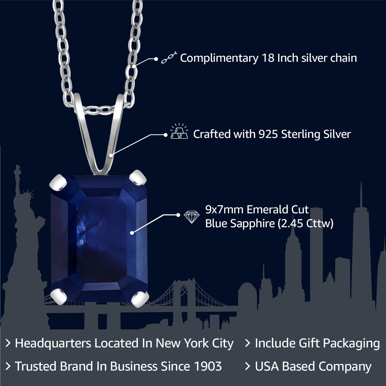 Gem Stone King Emerald Cut Pendant Necklace For Women | 925 Sterling Silver | Emerald Cut 9X7MM | Gemstone Birthstone | Fine Jewelry for Her Mom Wife | With 18 Inch Silver Chain - Image 2