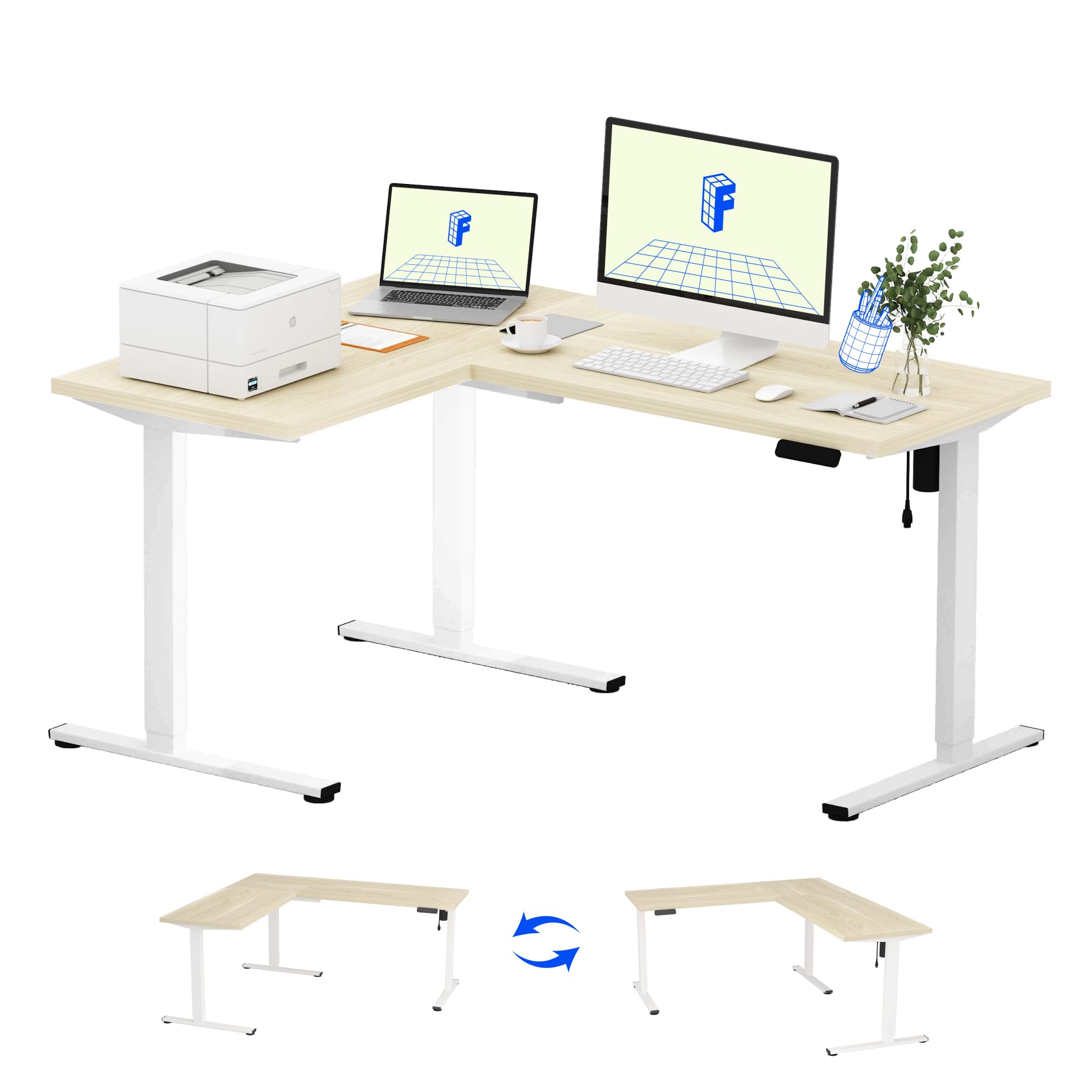 FLEXISPOT L Shaped Standing Desk, 63 x 47 Inch Electric Height Adjustable Corner Desk, Sit Stand Computer Workstation, Preset Controller, Home Office, White Frame with Maple Top
