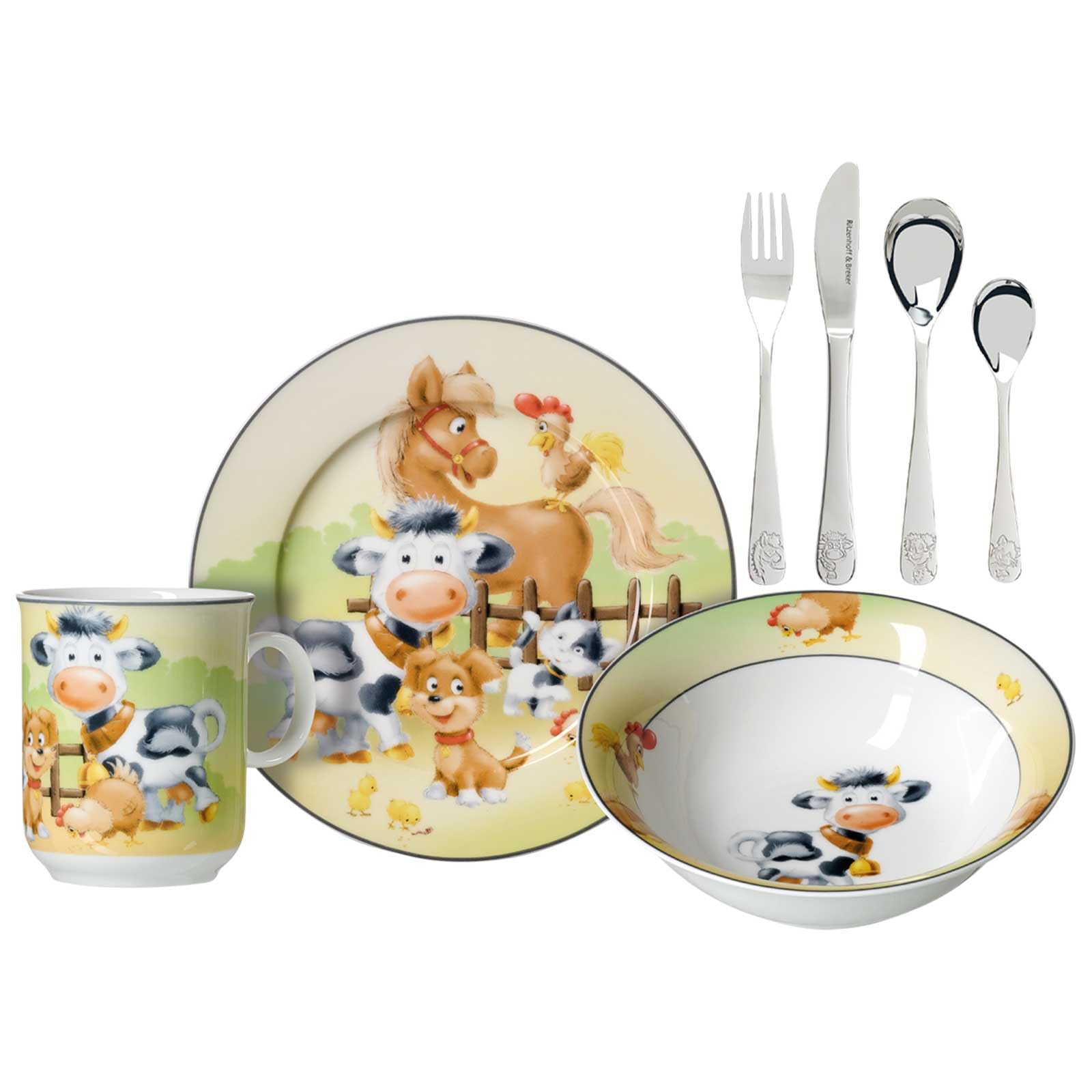 Ritzenhoff & Breker Kindergeschirr-Set Hoftiere 3-teilig mit Besteck | Teller, Schale, Becher, Gabel, Messer und 2 Löffel | Tiere vom Bauernhof | Porzellan, Edelstahl | Bunt