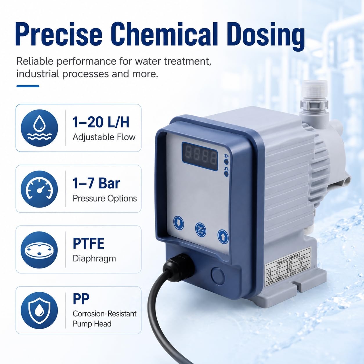 Elektromagnetische Membran-Dosierpumpe, 220 V Wechselstrom, 1-20 l/h, säurehaltige Dosierpumpe, 1-7 bar für Wasseraufbereitung, Chlordesinfektionsmittel-Inhibitor (6 l/h, 5 bar)
