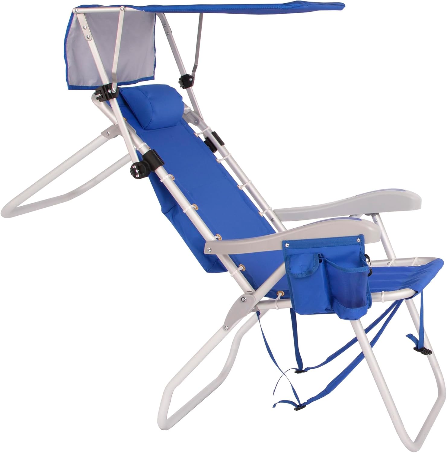 Ultimate Heavy Duty High Seat Aluminum Folding Backpack Beach Chair for Adults | Lay Flat, 5 Reclining Positions | Removable Insulated Cooler Pouch & Canopy for UV Protection