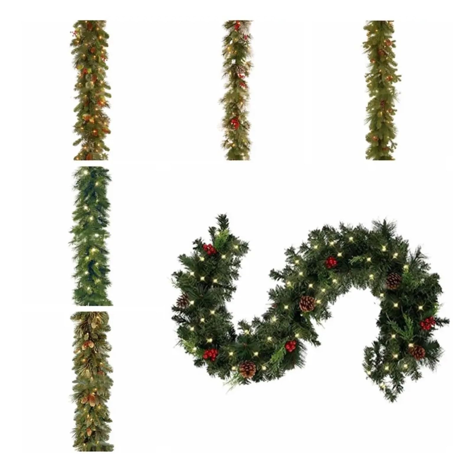 Guirnalda de Navidad Guirnalda navideña de Pino, Cono, Baya, Verde, decoración de árbol de Pino Artificial, Adorno de 180cm/6 pies para decoración(07)
