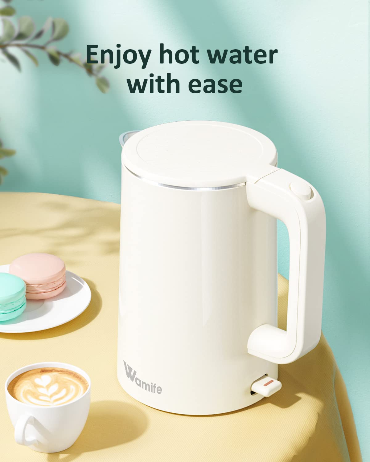 Wamife 1.5L White Electric Kettle Water Boiler Stainless Steel Inner 1500W Hot Water Kettle Cool Touch Electric Water Kettle Fast Heating, Cream White
