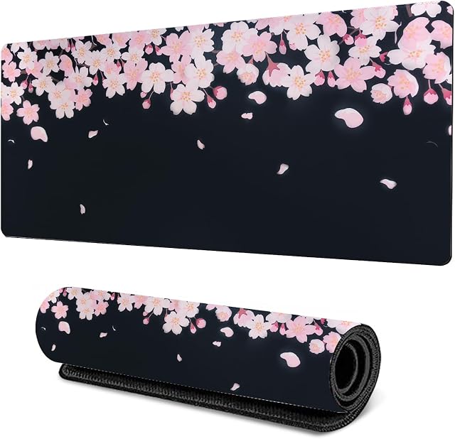 Sous-Main Bureau,Tapis DE Souris XXL,Fleurs de Cerisier, 80×30cm,Tapis de Bureau Antidérapant, Sous Main pour Maison Protection pour clavier d'ordinateur (Noir)