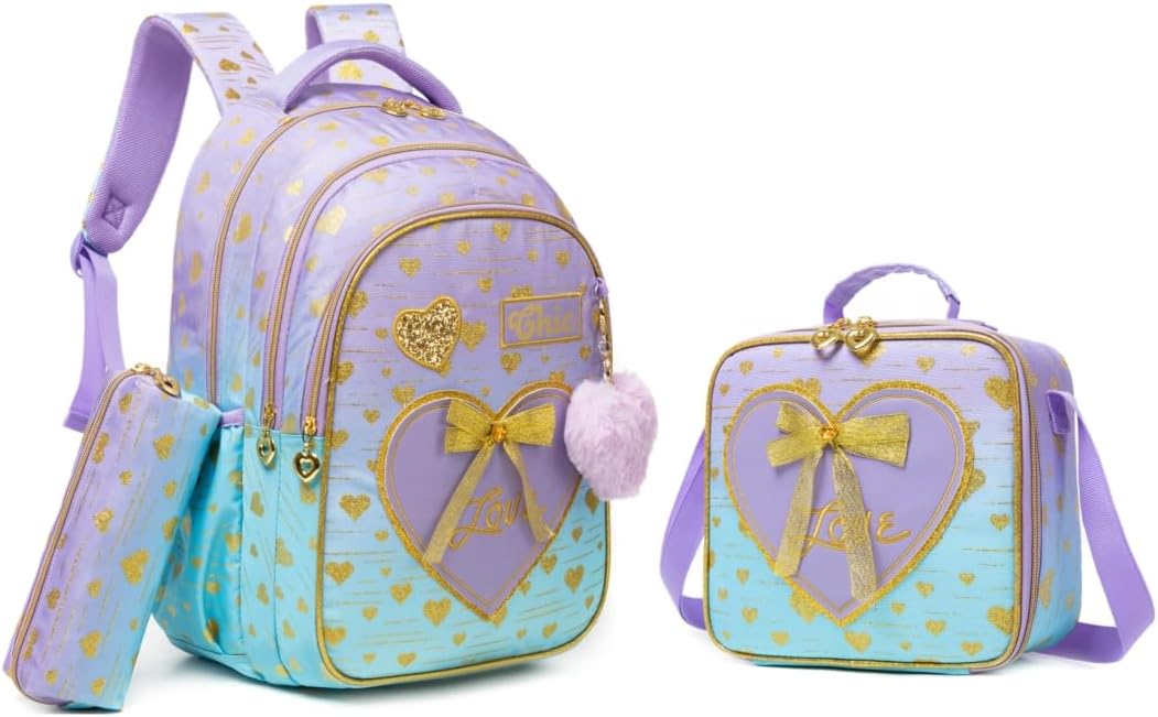 Conjunto de Mochila Infantil 3 Peças, Corações e Laço, Mochila Escolar com Bolsa Térmica e Estojo (Azul roxo)