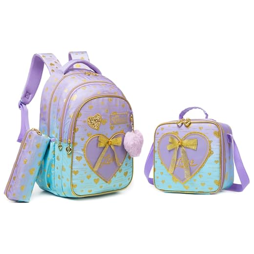 Conjunto de Mochila Infantil 3 Peças, Corações e Laço, Mochila Escolar com Bolsa Térmica e Estojo (Rosa dourado)