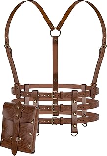 HiiFeuer 2PCs Punk Women Faux Leather Harness Waist Belt, Studded Bag Steampunk Corsets Gothic Accessories Rave Cosplay (Brown A)