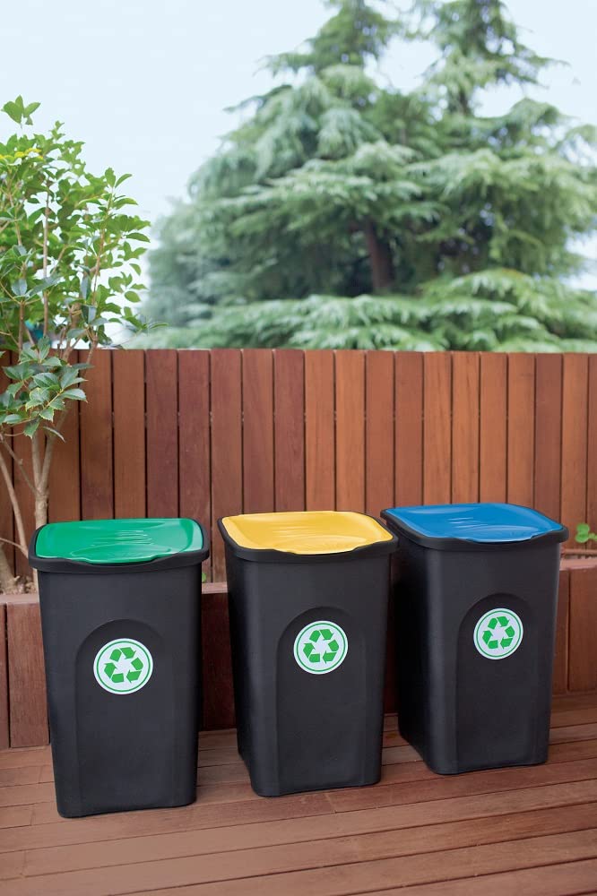 Kreher 3 Stück Abfalleimer 50 Liter mit Deckel in verschiedenen Farben für optimale Mülltrennung (Grün, Gelb und Blau). Abwaschbar und leicht zu reinigen!