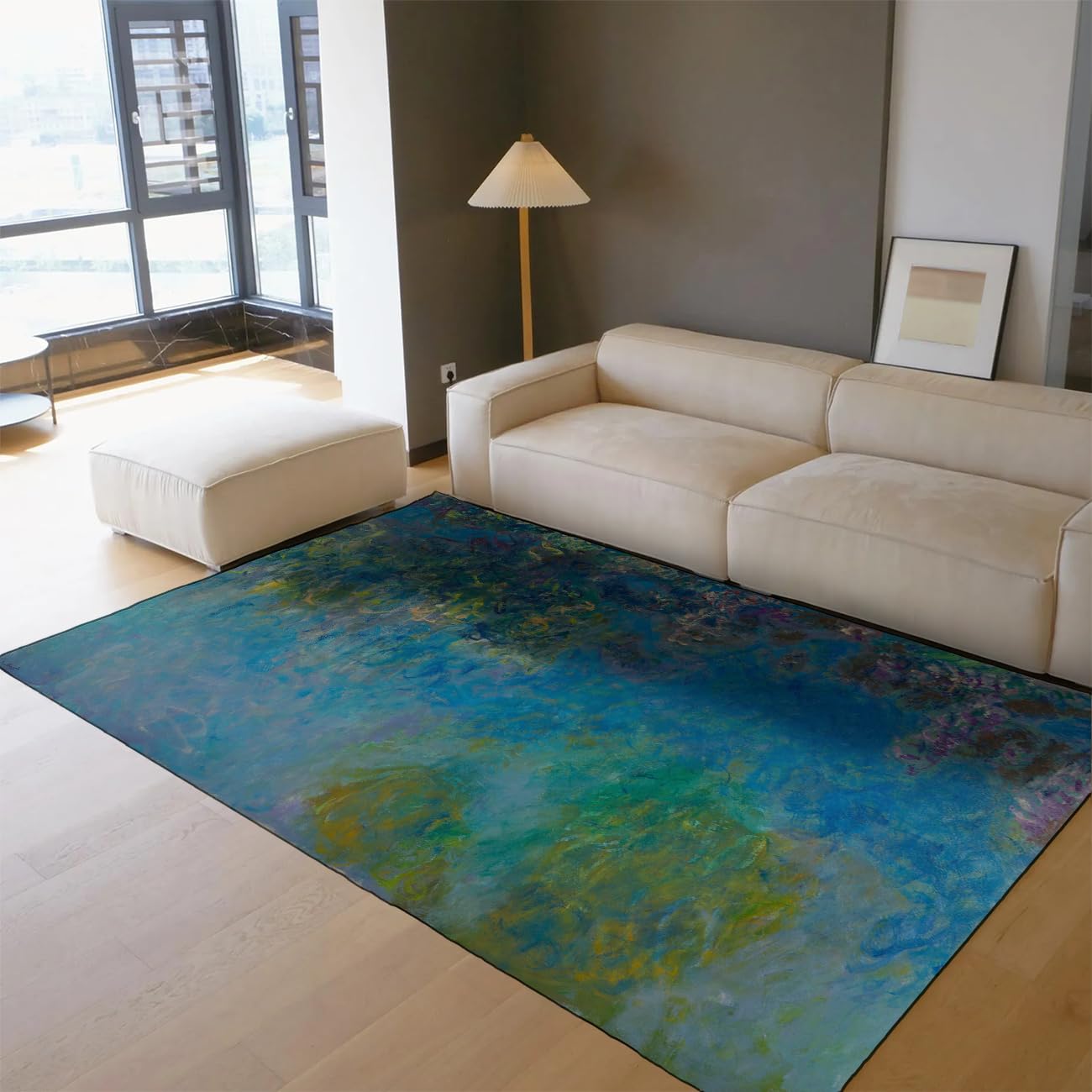 Bereichsteppiche Wohnzimmer Schlafzimmerteppiche Waschbar groß rutschfest Akzent Esszimmer weich Tiefflor Innen Classic Art Wasserrosen für Kinderzimmer Homeoffice Blau 80x150cm