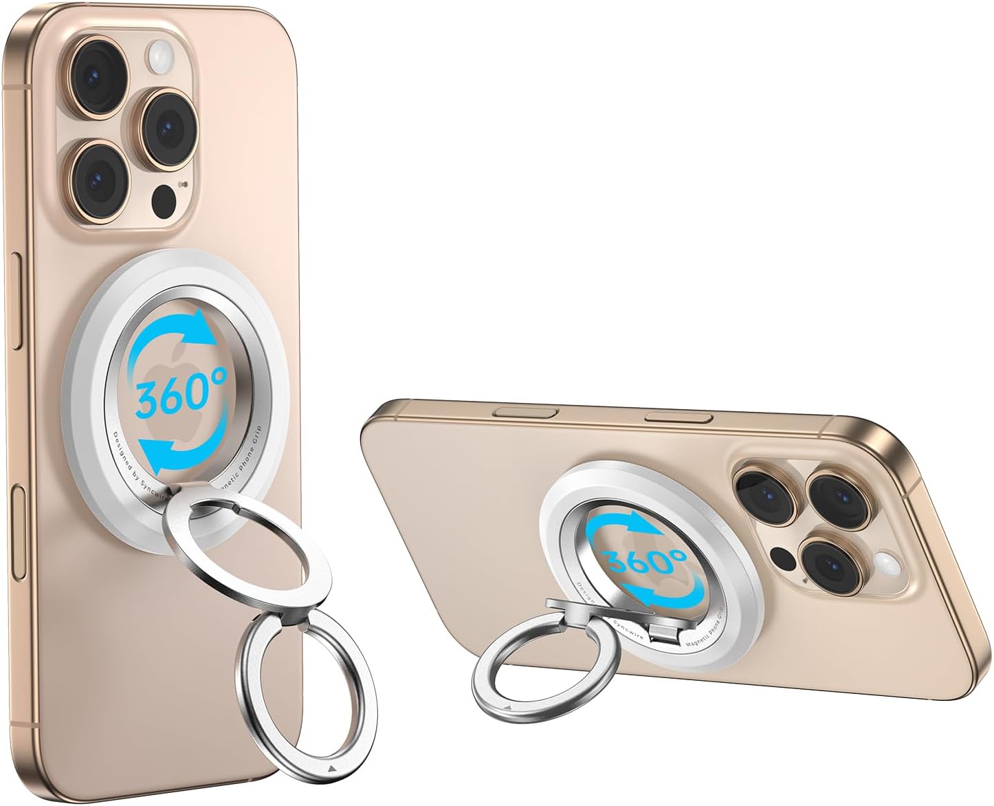 SYNCWIRE Phone Ring Holder Grip for MagSafe, 360° Rotation Magnetic Cell Phone Grip Stand Two-Sided Magnetic Compatible with iPhone 16 15 14 13 12 Pro Max fits MagSafe Accessories - White White Dual ring