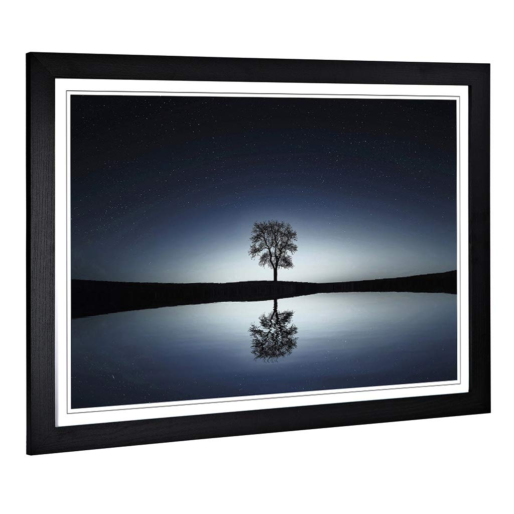 Big Box Art Framed Print of Landscape Lake Dusk Lone Tree (2) Design | Wall Art Picture | Home Decor for Kitchen, Living Room, Bedroom, Hallway, Black, A2 / 24.5x18 Inch / 62x45cm