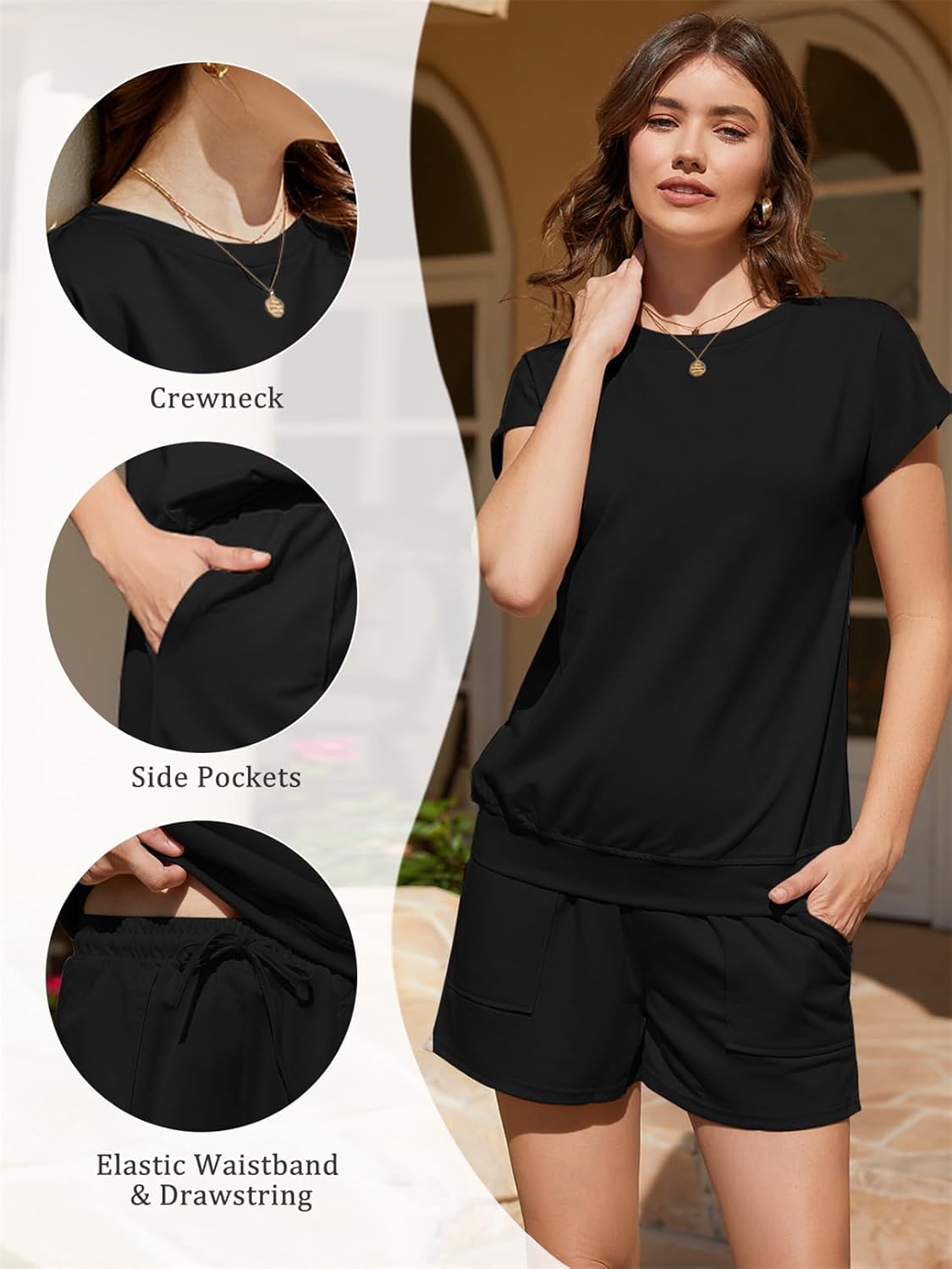 Summer Sets Women 2 Piece Outfits Crew Neck Cap Sleeve Beach Drawstring Sweatsuit Lightweight Pajamas with Pocket - Image 6