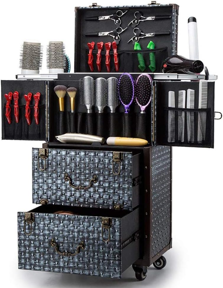 Aluminum Rolling Makeup Train Case Hairdressing Trolley Salon Barber Cosmetic Luggage Box Sliding Drawers,Brush Hair Dryer Holder(14.74×11.03×29.92 in)