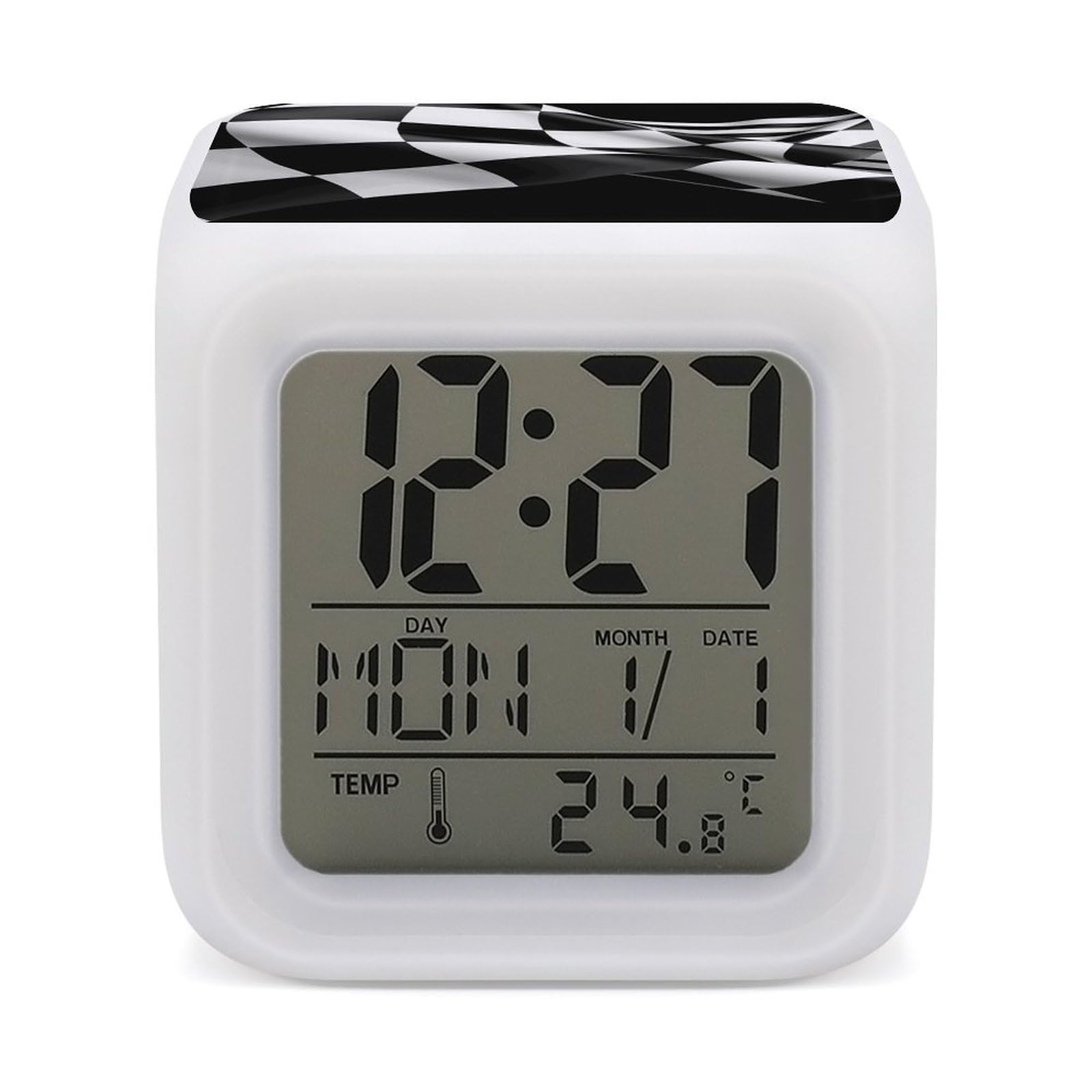 VstaDank Black White Formula Checkered Flags Pattern Digital Alarm Clock LED Display Screen Color Change Alarms Clock Smart Alarm Clock Wake Up Digital Clocks with 7 Color Nightlight for Bedroom