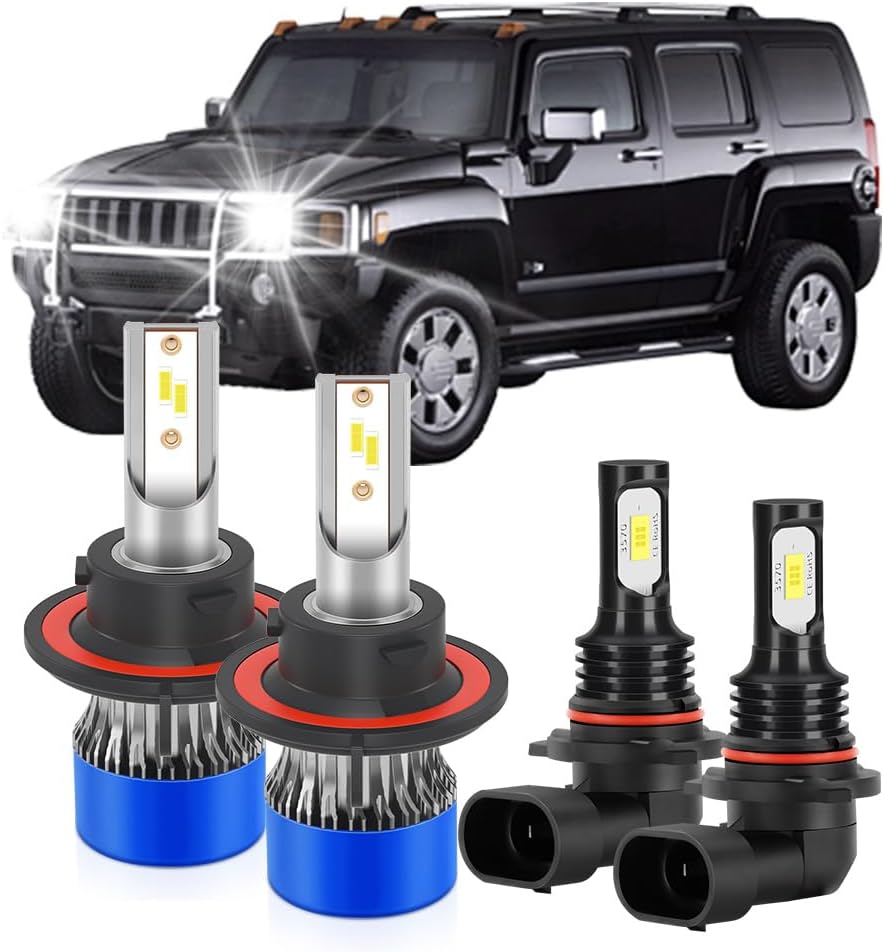 For Hummer H3 2006 2007 2008 2009 2010 Light Bulbs, 800% Brightness Hi and Lo Beam+Fog Light Bulbs, 6000K Cool White, 30000LM Super Bright, Plug-and-Play, 4PCS
