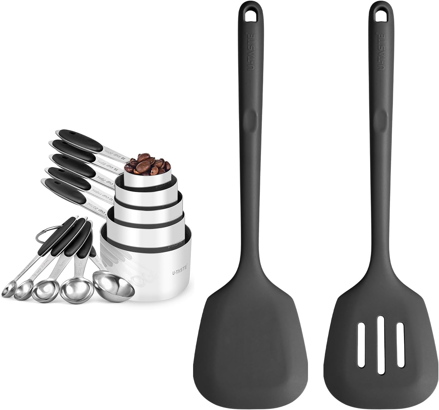 U-Taste 18/8 Stainless Steel Measuring Cups and Spoons Set (Set of 10,Multicolor), and 600℉ Heat Proof Long & Wide Silicone Solid & Slotted Turner for Egg, Pancake (Set of 2, Black)