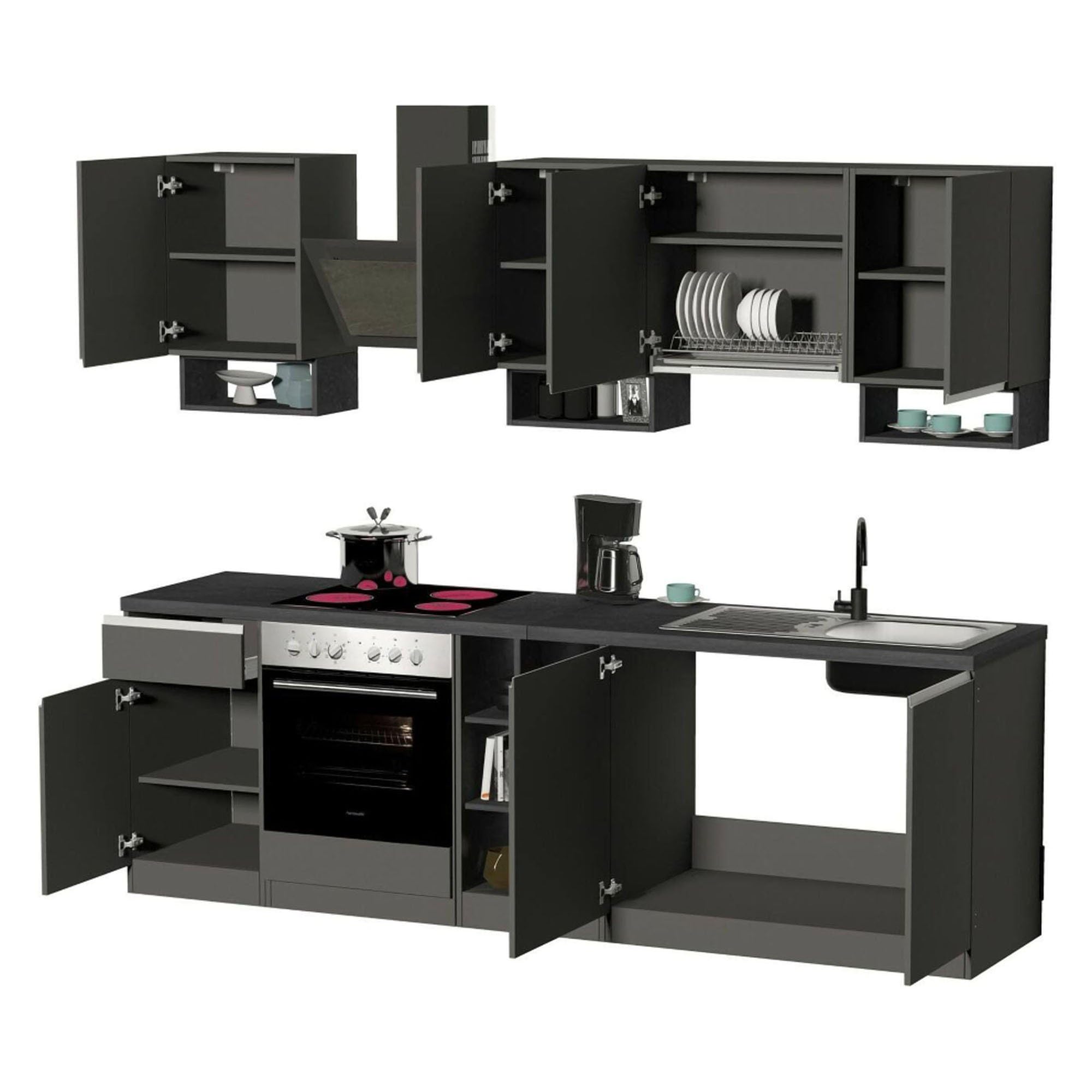 Dmora - Cuisine complète Armand, Ensemble avec Garde-Manger, Meuble de kitchenette, Kit Bloc avec îlot et Porte-frigo, 100% Made in Italy, Anthracite et Ardoise