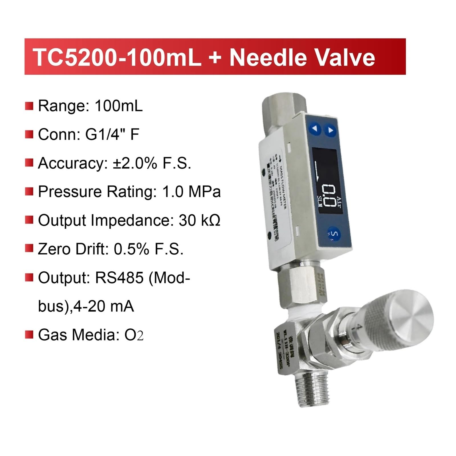 TC5200 Thermal Mass Gas Flow Meter RS485 4-20mA Output Digital Gas Mass Flow Sensor | TC5200-100mL-O2-ZF