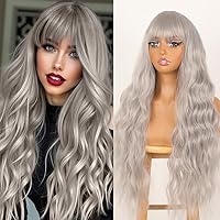 Vista 20 de QD-Tizer Pelucas sintéticas de color rubio ceniza con flequillo, pelucas de cabello largo y lacio, sin pegamento, pelucas sintéticas sin encaje