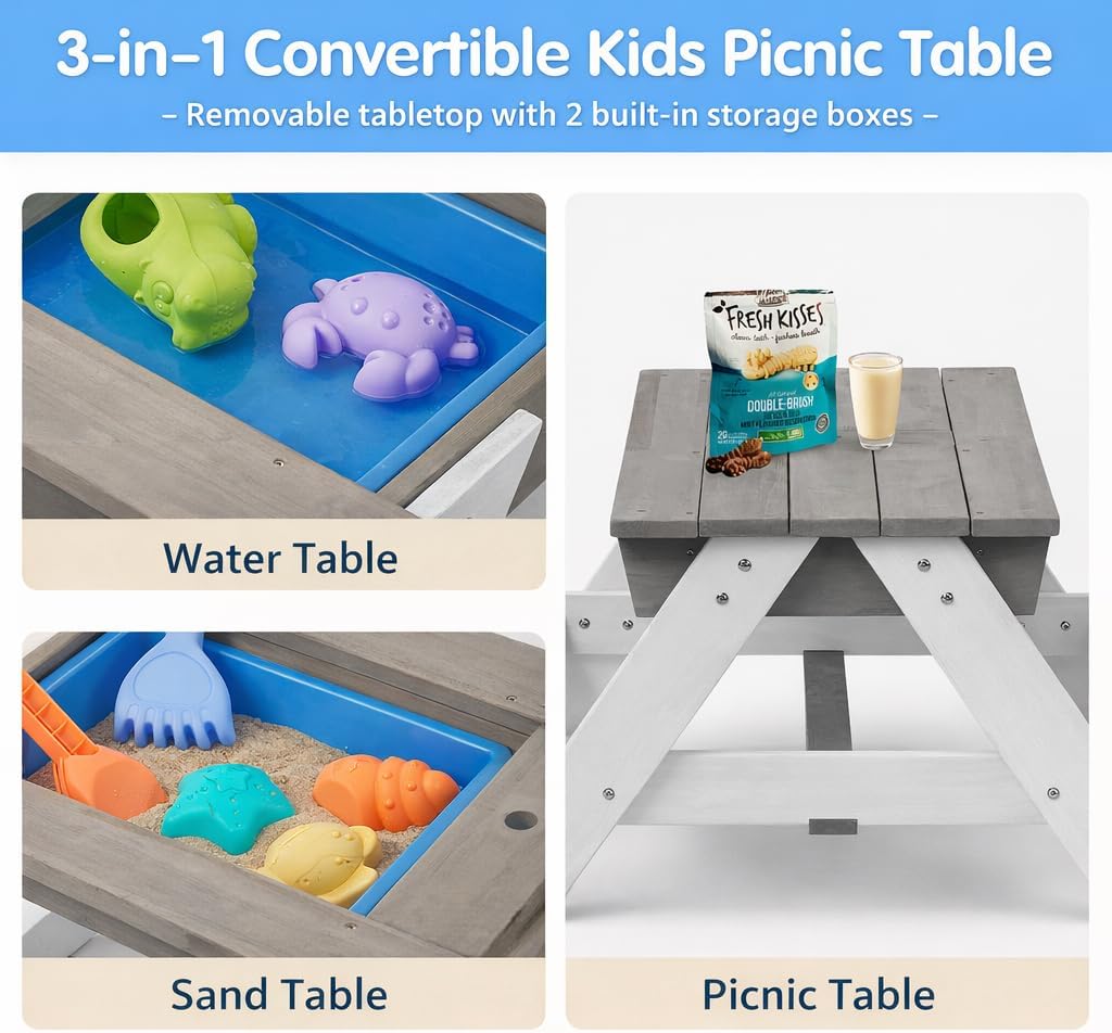 3-in-1 Kids Wooden Picnic Table with Adjustable 43" Umbrella, Convertible Sand & Water Activity Table, Solid Cedar Wood, Water-Based Coating, Seats 4 Ages 3+, Gray