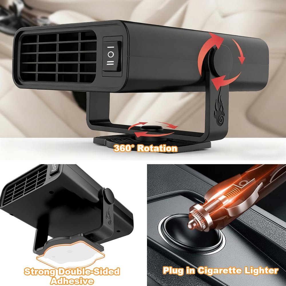 Chauffage Soufflant de Voiture, 12 V 120 W Chauffage de Voiture, 2 en 1 Chauffage Voiture Pivotant à 360°Désembueur et Dégivreur avec Base Rotative, Allume Cigare pour Pare-Brise de Voiture
