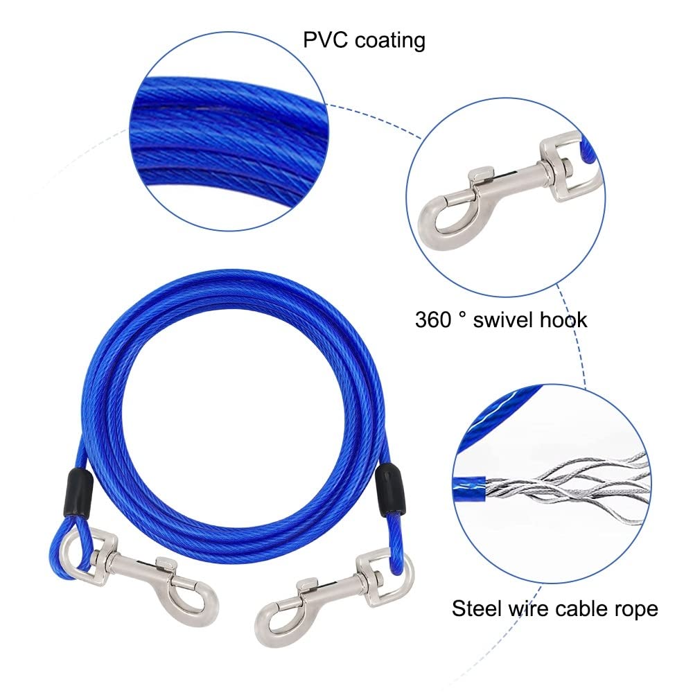 DONGKER Cable de amarre para perro de 3 m, correa de alambre de acero reflectante para mascotas con gancho giratorio de 360° para perros medianos y grandes de hasta 130 libras