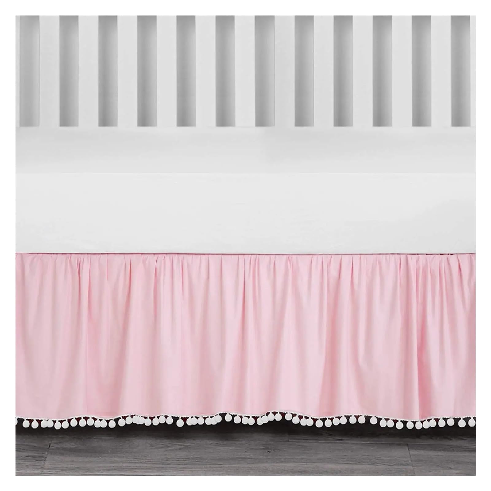 Ekalgretra Pink Crib Bed Skirt Elegant Standard Ruffled With Pompoms-Microfiber Nursery Toddler Bedding 14 Inch High 60X120x36 Cm