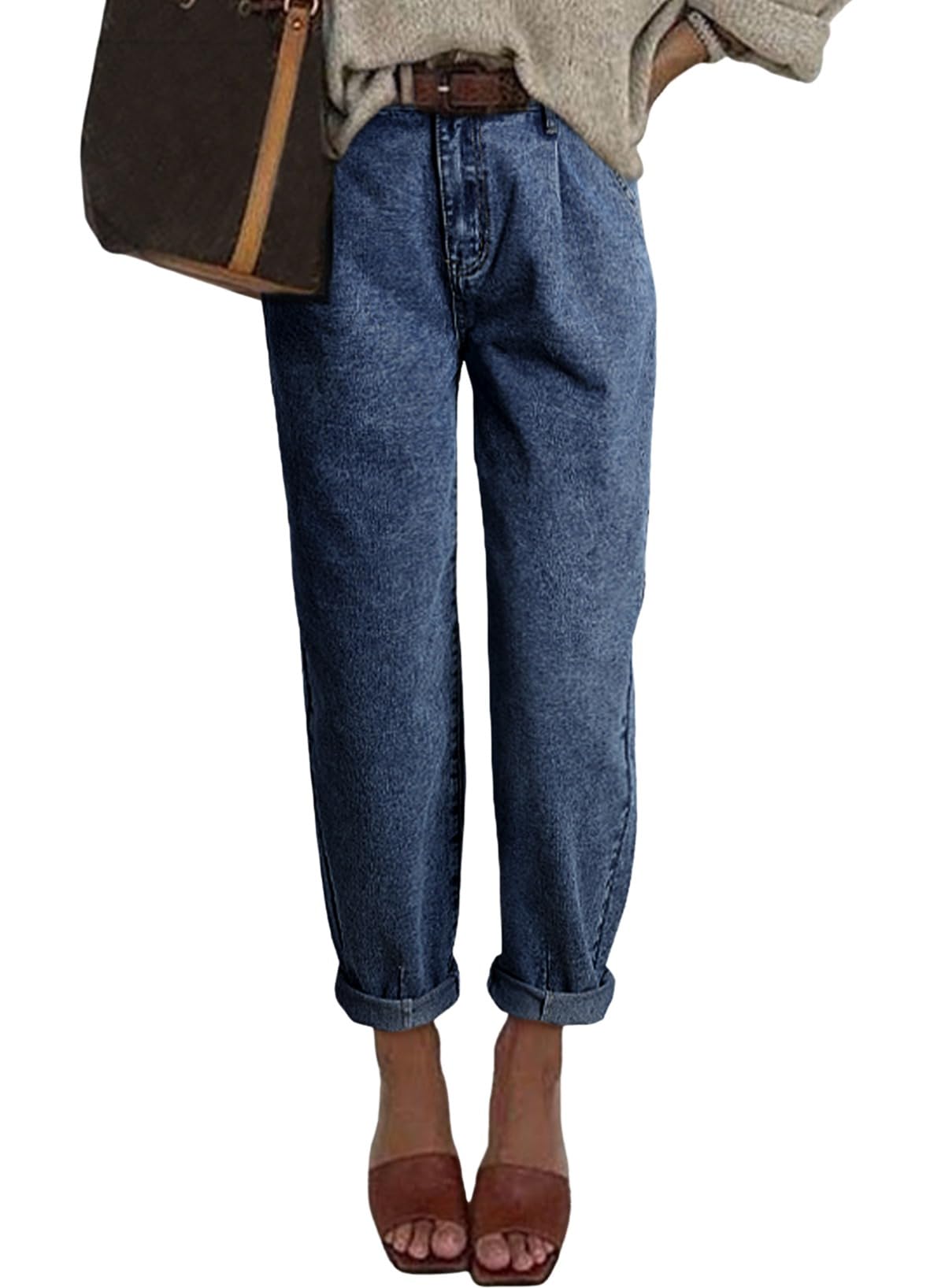 Astylish Womens High Waisted Baggy Jeans Boyfriend Cropped Loose Denim Pants