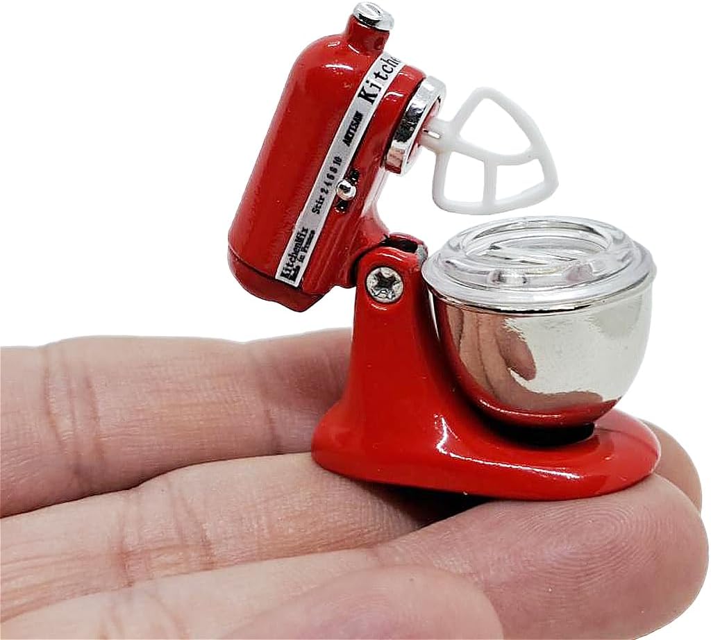 A tiny, red, retro-style stand mixer for a dollhouse.