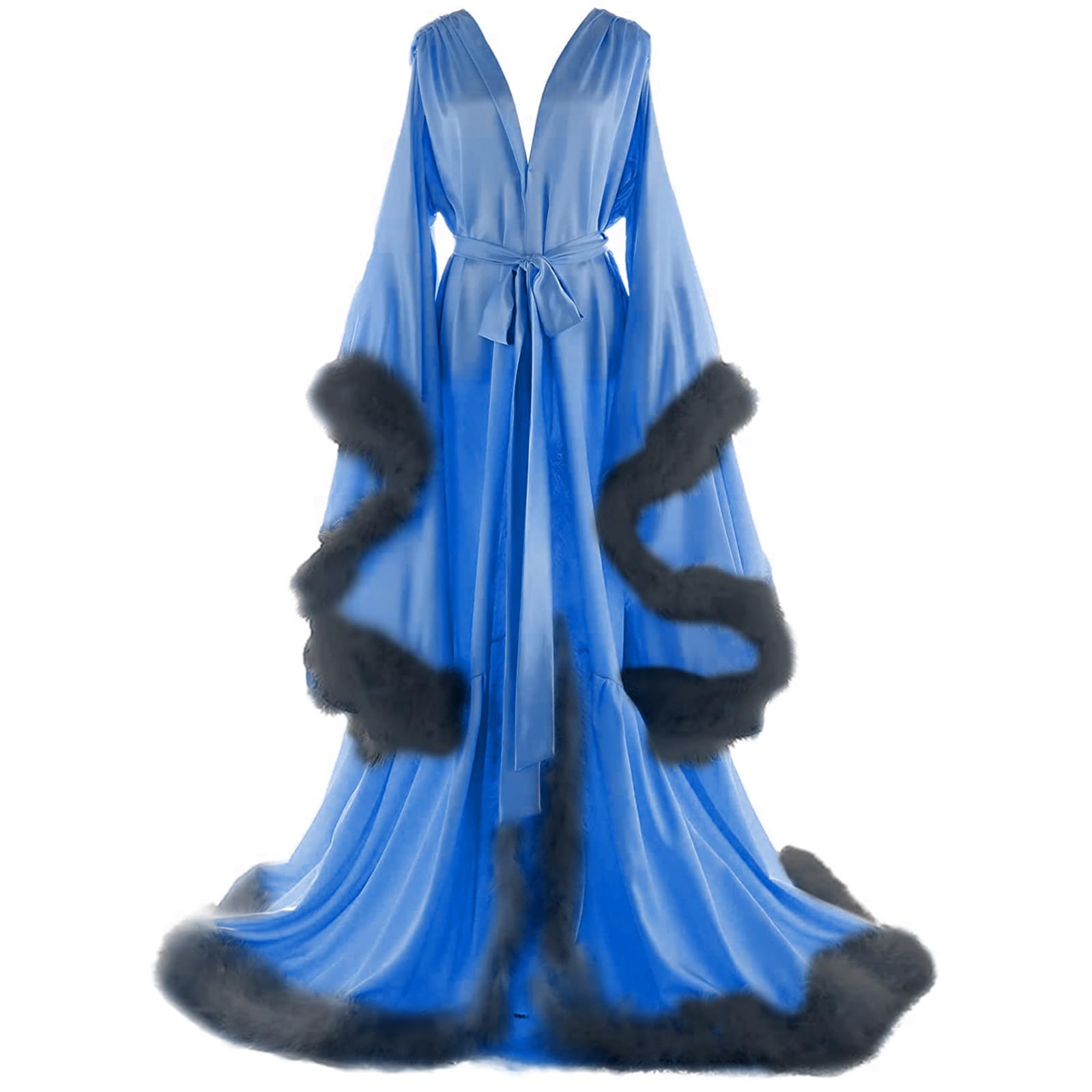 Women's Feather Bridal Robes Old Hollywood Maternity Photoshoot Nightgown Silk Bathrobe Long Lingerie