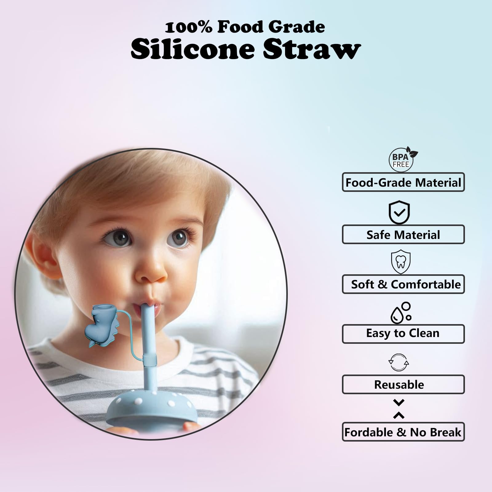 Lot De 6 Pailles & Brosse "Réutilisables" 23cm Bleu