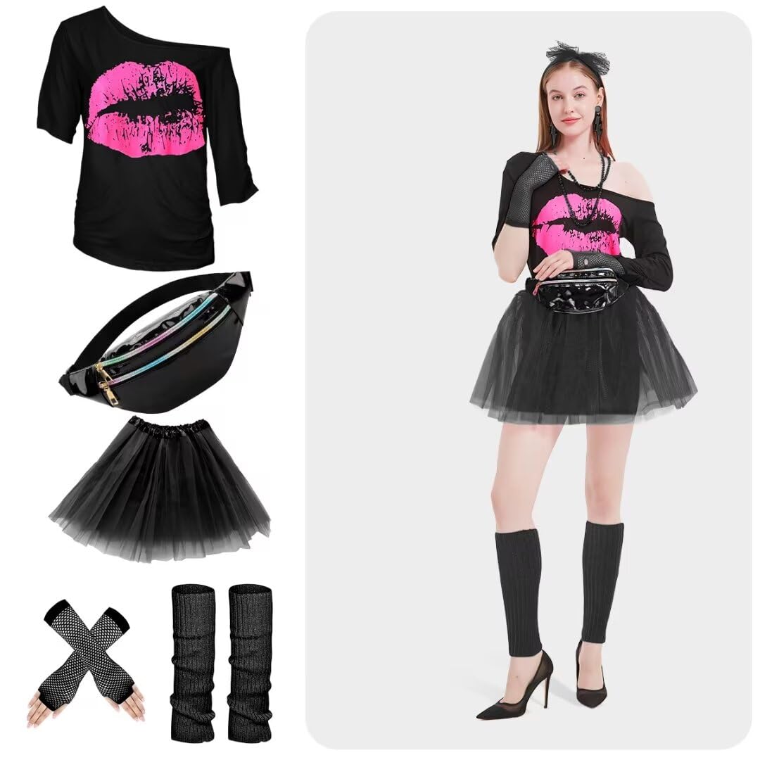 WILDPARTY 80s Fancy Dress For Women, Lip Print T-shirt, Tutu Skirt, Leg Warmers, Necklace, Fishnet Gloves, Earrings, Neon Costumes Accessories for Retro Theme Party Cosplay - Image 3