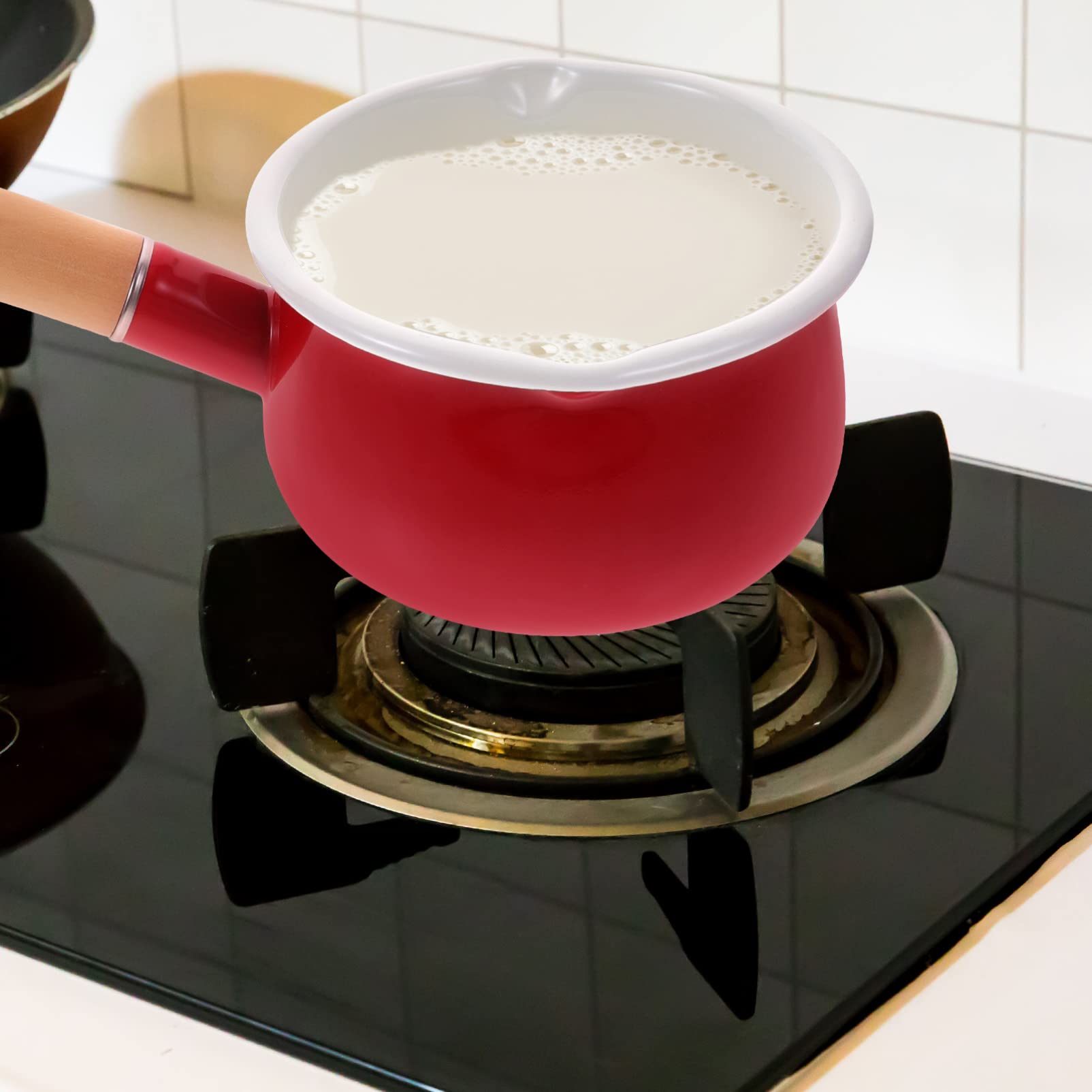 Ciieeo Cacerola de Leche Esmaltada Antiadherente para Calentar Salsas y Alimentos Infantiles, Mango de Madera Resistente al Calor, Adecuado para Estufas Eléctricas y Cocina Doméstica