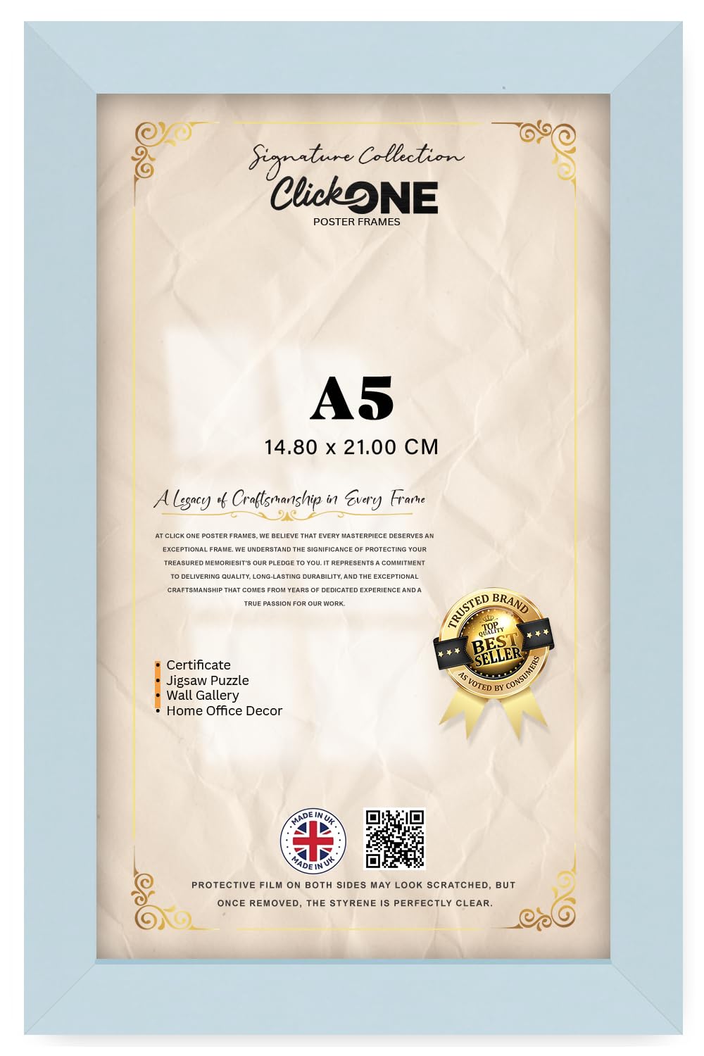 Click One Premium Rectangle A5 (148 X 210 MM) Poster Frame | For Horizontal Or Vertical Wall Mounting — 203 X 140 MM Photo Frame For Wall Gallery Decoration Light Grey — Portrait Or Landscape