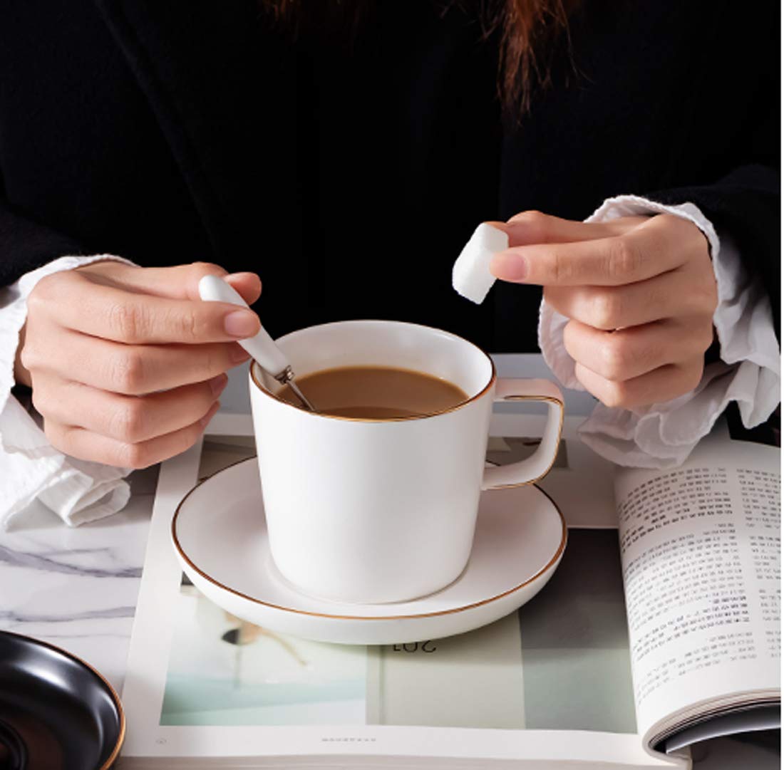 Juego de tazas de café de porcelana mate con platillos, de lujo nórdico, borde dorado, taza de té de la tarde, taza de café con capuchino (250 ml, 2 tazas y 2 platillos)
