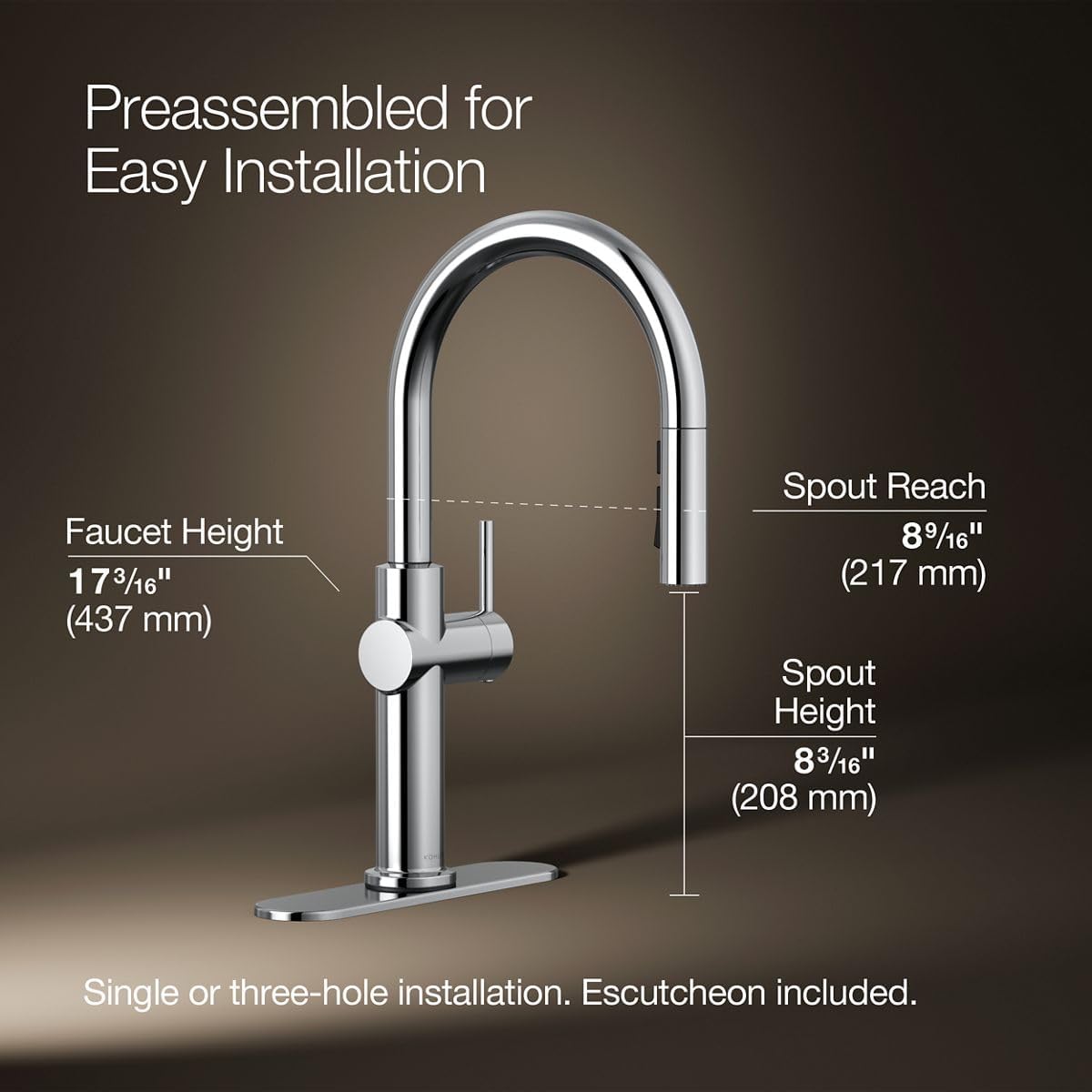 KOHLER 22972-CP Crue Pull Down Kitchen Faucet, Pull-Down Sprayer with Multi Function Spray Head, Polished Chrome