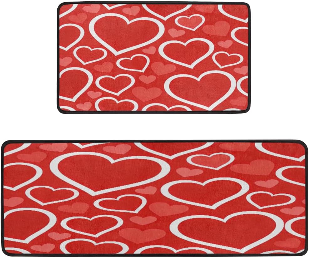 Anti Fatigue Red Heart Pattern Kitchen Mats for Floor 2 Piece Set, Waterproof Non Slip Boho Kitchen Floor Rugs, Comfort Standing Mat for Sink Laundry & Home Kitchen 17"x47"+17"x29"