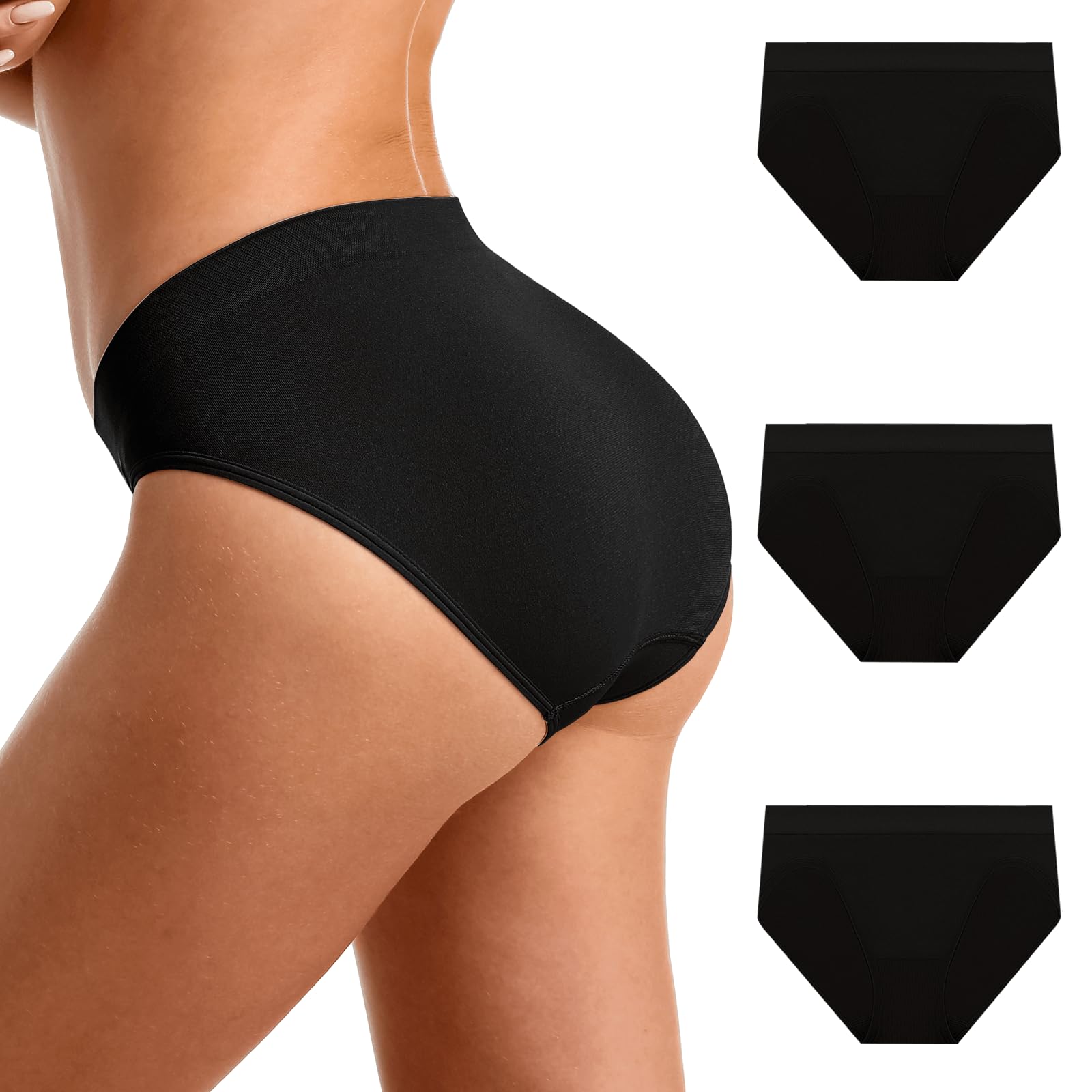 Women’s Hi Cut Seamless Underwear, Mid Rise Nylon Spandex Full Coverage Briefs, Soft Stretch Panties, Multi Pack