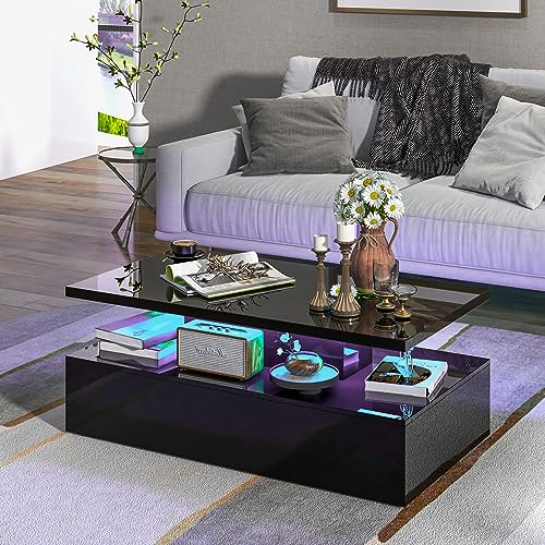 COSTWAY Table Basse Laqué Brillant, Table Basse Salon Laque 20 Lumières Réglables AVCE Télécommande, 19 Modes Dynamiques, 8 Luminosité,...